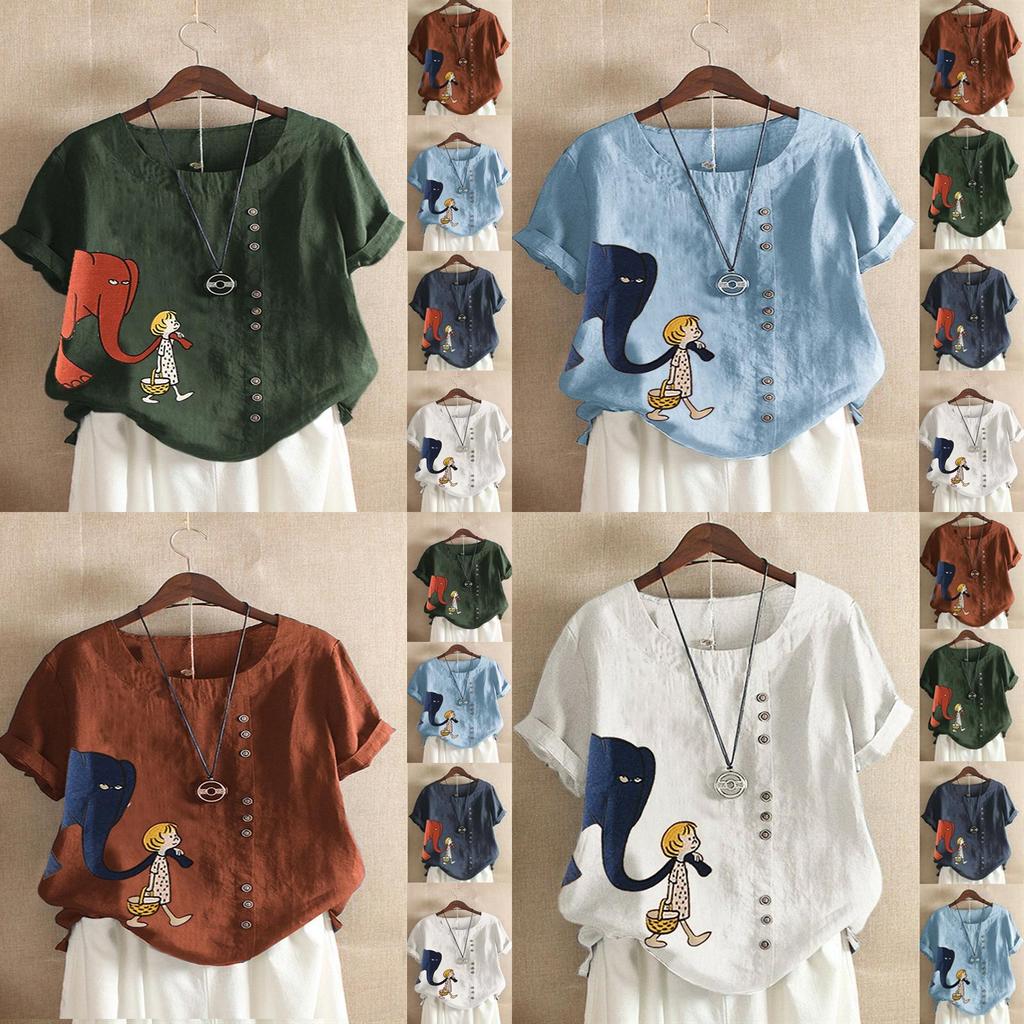 Damen Cartoon Blumen Oberteile Damen Sommer Locker Bluse T-Shirts Übergröße