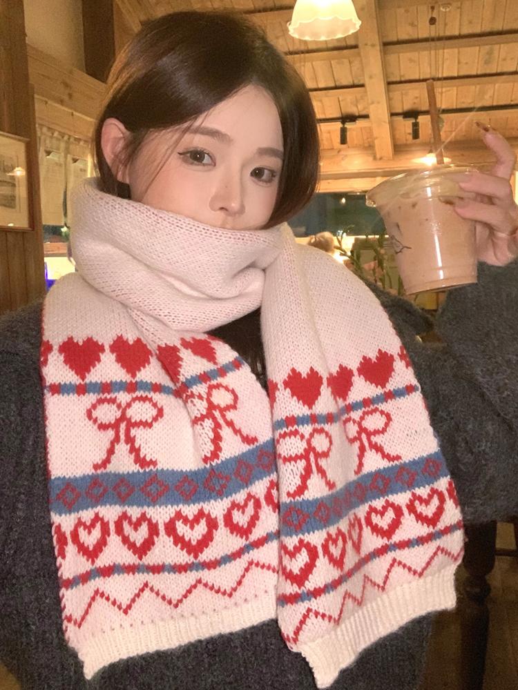 New Women'S Beige Heart Bow Knit Scarf Winter Warm Soft Valentine'S Day Fashion Korean Wrap Scarves For Ladies Male Sweet Casual