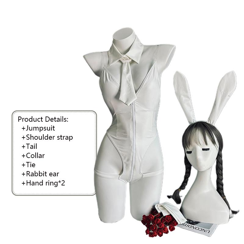 Hot Erotic Original Sexy Cute Bunny Girl Cosplay White Faux Leather Zipper Jumpsuit Backless Halloween Temptation Anime Lingerie