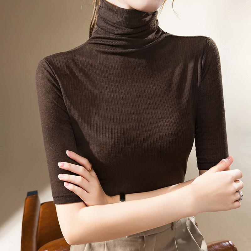 Dámské tričko s rolákem, nové na začátek podzimu, tenké pletené tričko s polovičním rukávem, s pasem a skládaným límcem