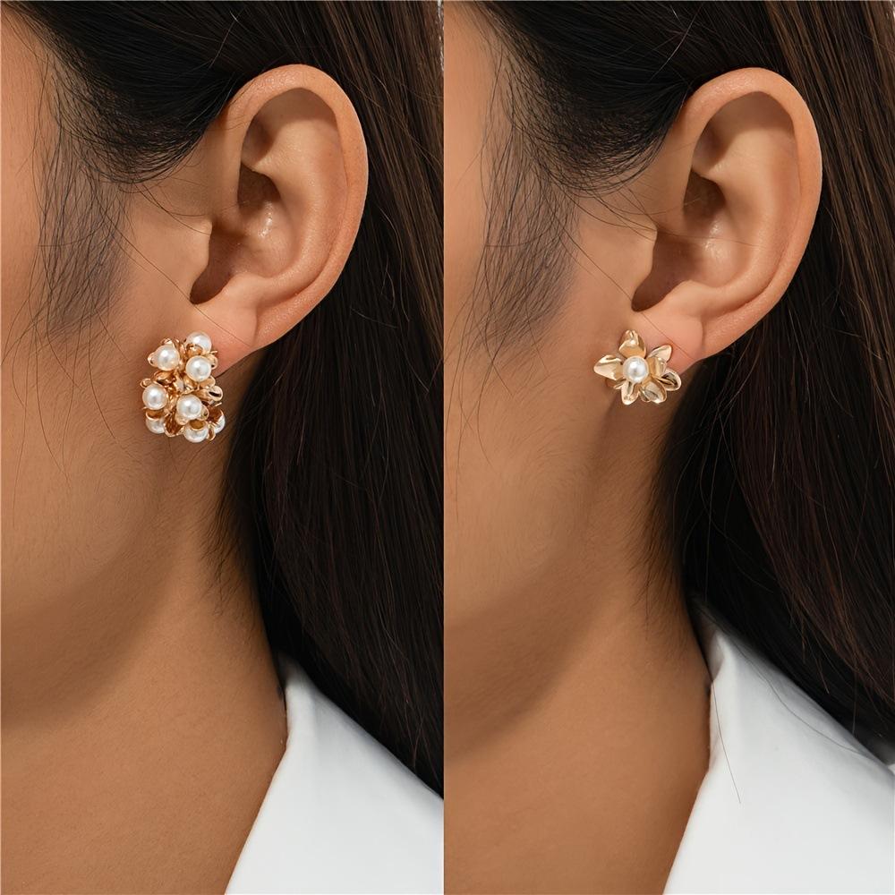 1 Set of 2 Pairs of New Personalized Flower Micro-set Pearl Earrings, Niche Design Geometric C-shaped Stud Earrings