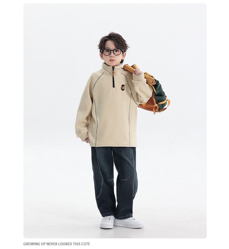 Boys' 2025 Winter Fleece-Lined Half-Zip Pullover Hoodie for Medium and Older Children