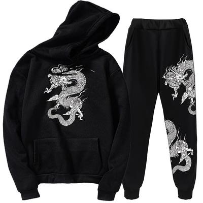Terno com capuz de dragão chinês estampado, suéter da série Dragon