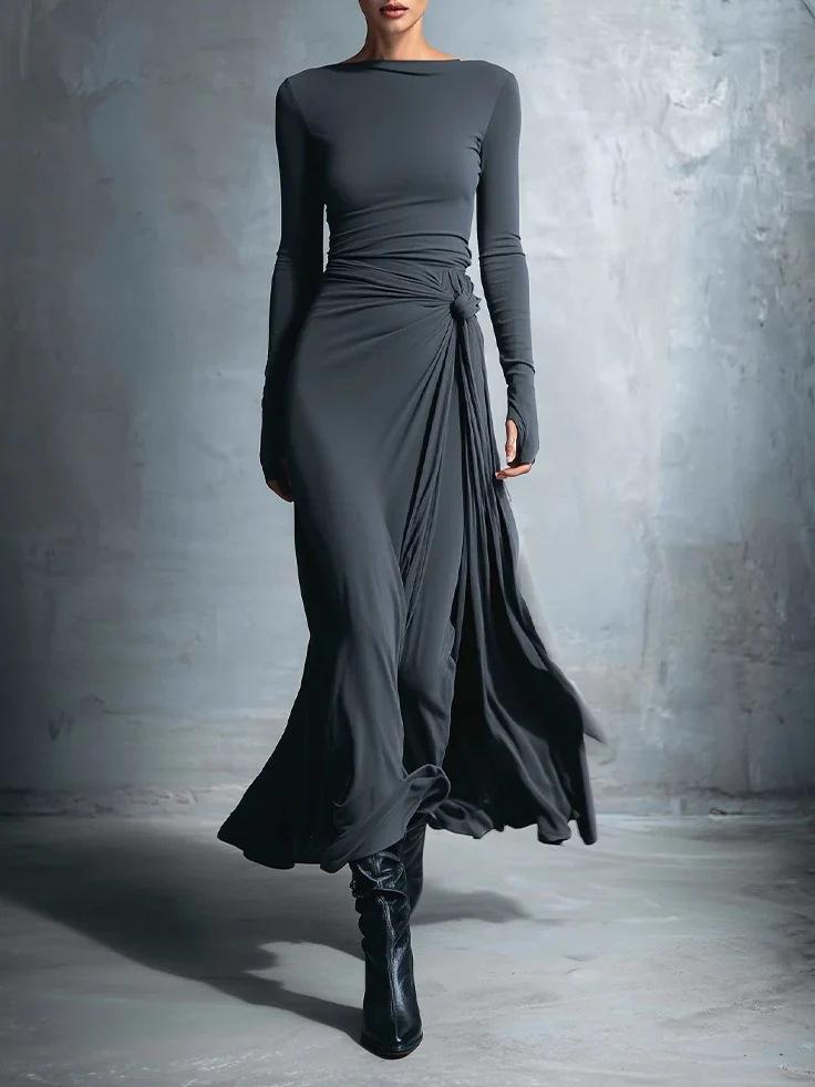 2026 European and American women s clothing, irregular sexy slim dress temperament pleated dress S темно-серого