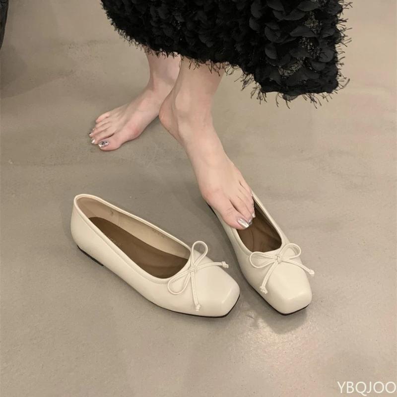 French Bow Ladies Shoes 2025 New Shallow Mouth Shoe Fashion Elegant Flats Women's Square Toe Comfortable Shoes Zapatos Mujer