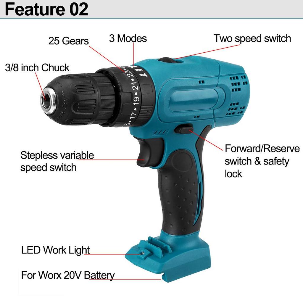 1450rpm Dual Speed Cordless Impact Drill 25+3 Torque Rechargeable Electric Drill LED Light Screwdriver for Worx 20V Battery