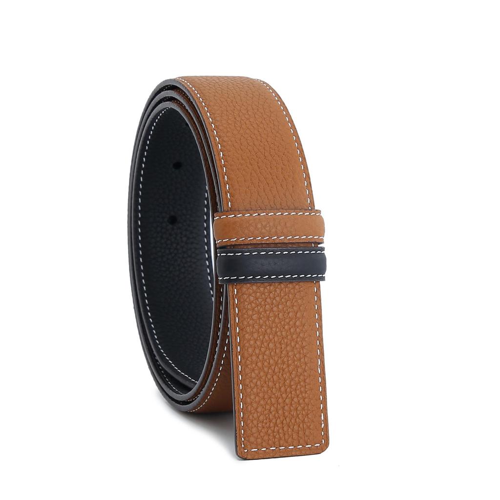 3.4" Wide Double-Sided Lychee Grain Cowhide Belt with White Lines and Perforations, All-Match Style, Top Layer Cowhide
