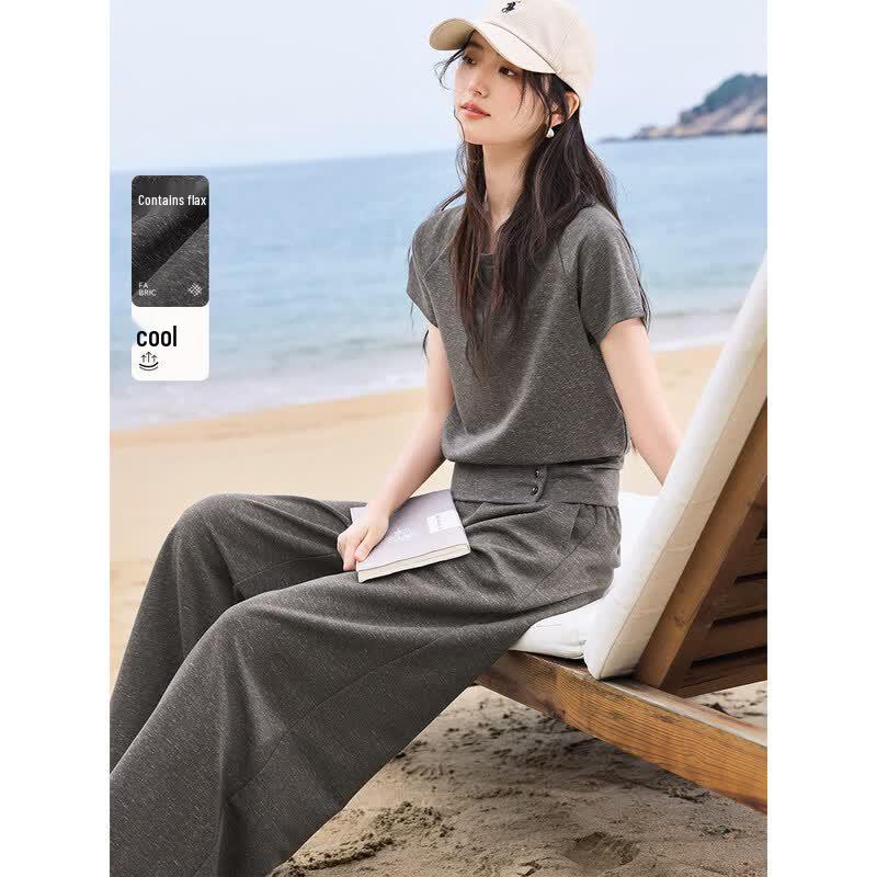 Women s Linen-Blend Short Sleeve Wide-Leg Pants Set L