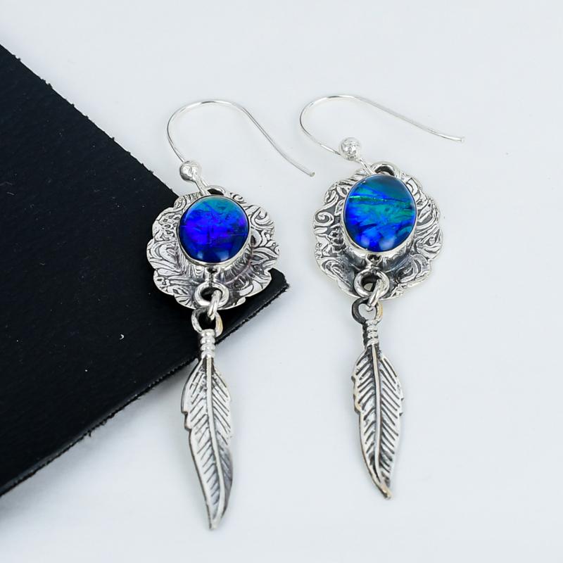 Dainty Australian Triplet Opal Gemstone Earrings, 925 Sterling Silver Earring, Handmade Boho Silver Jewelry Dangle Earrings, Gift For Her