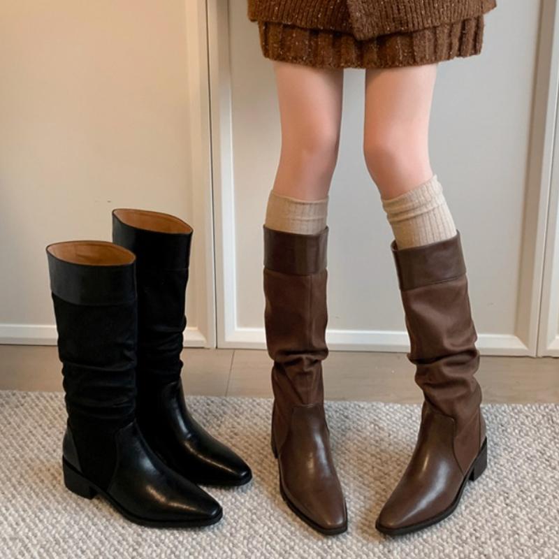 Winter Pleated Pointed Toe Woman Knee-High Boots Designer Splicing Thick Heels Long Booties Shoes