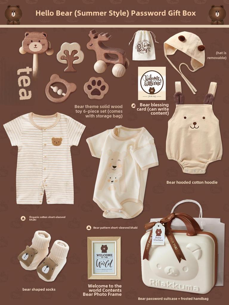 Conjunto de presente de urso de algodão orgânico com brinquedo de madeira em mala – presente unissex de primavera para o inverno