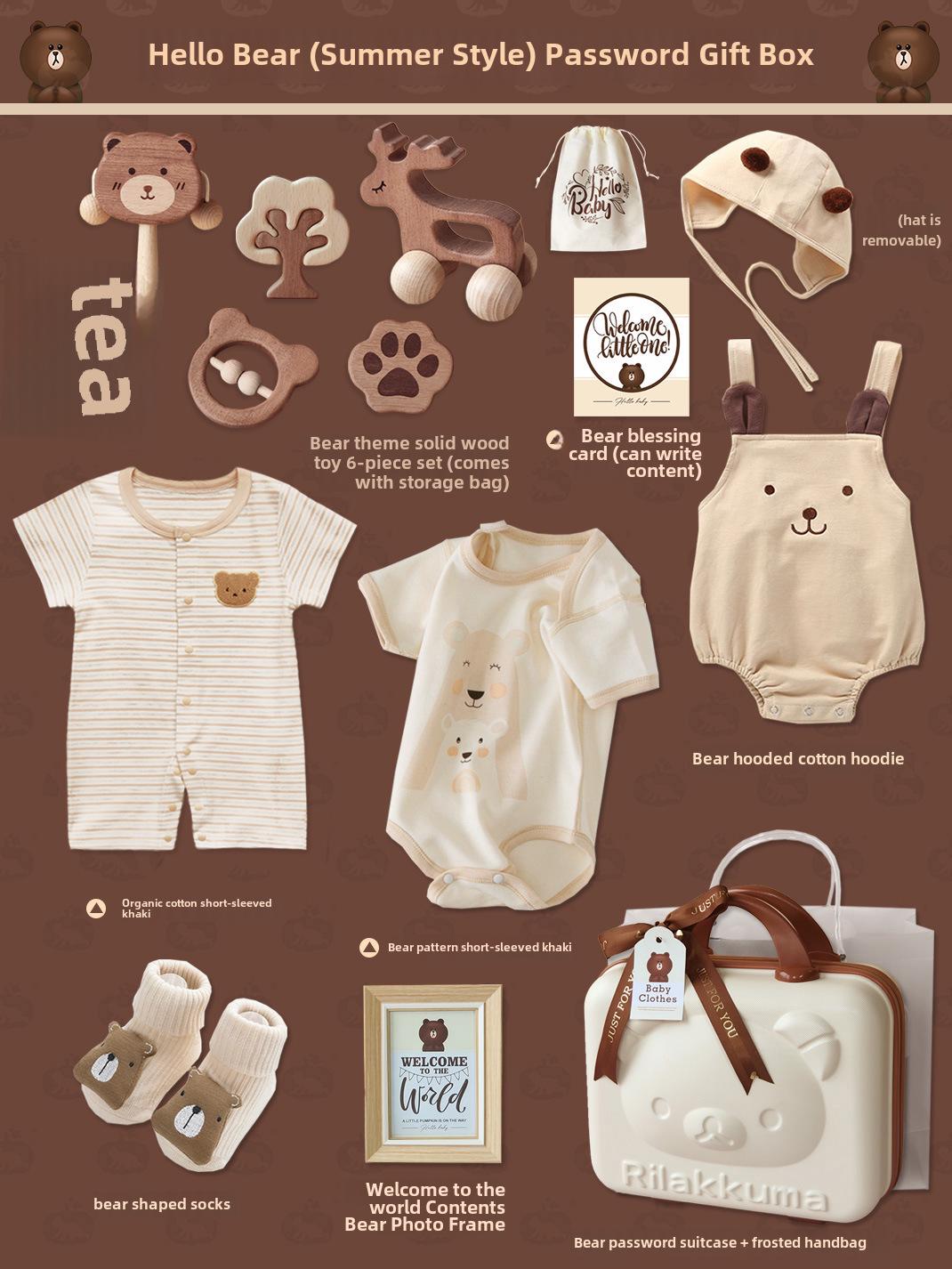 

Подарочный набор из органического хлопка с медвежонком и деревянной игрушкой в чемодане – унисекс-подарок на весну и зиму Size 66: Newborn to 3 Months