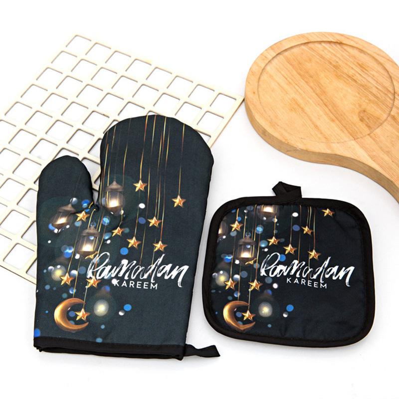 Ramadan Decorations Kitchen Hot Oven Mitts Apron Anti-Hot Microwave Gloves Pad Eid Mubarak Islamic Muslim Cooking Baking Tool