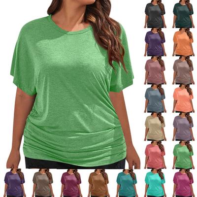 Modisches, einfarbiges, rundhalsförmiges, plissiertes, kurzes Ärmel-T-Shirt für Damen, lockeres, lässiges Oberteil