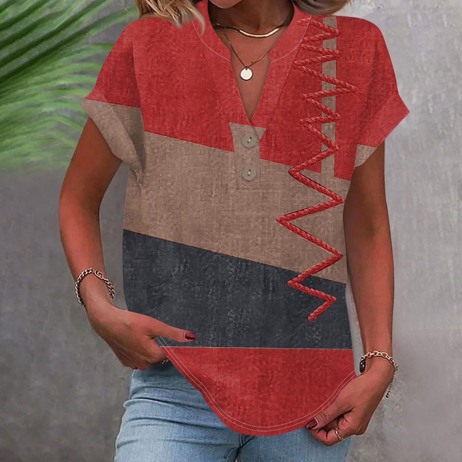 

Женская модная повседневная рубашка с v-образным вырезом и коротким рукавом с принтом, футболка на пуговицах, топ XL