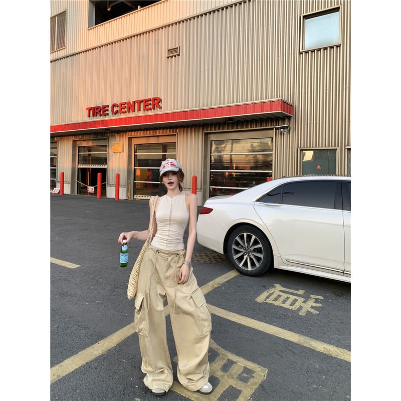 Kumikumi Stylish Pure Color Ruched Sleeveless Vest Tops Women's Summer Slimming Casual Pants Pants Two-piece Set