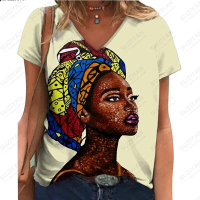 2023 New Women's Top T-shirt Loose V-neck Comfortable Top Summer Cool 3D Print Original Stay Simple African Beauty Extra Large