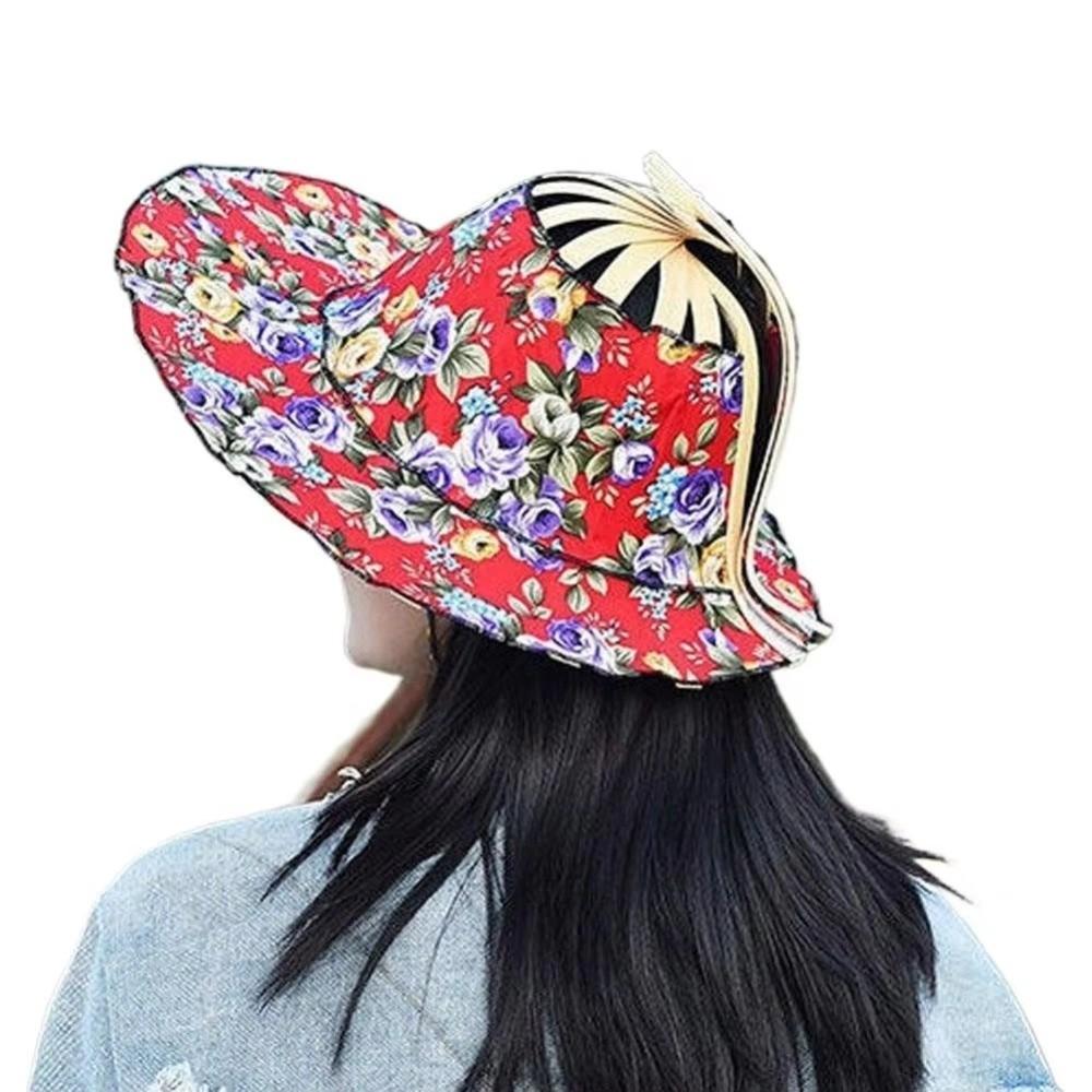 Floral Printed Fan Sun Hats Foldable Bamboo Sunscreen Cap Women Sunhat Folding Fan Hat  for Travel