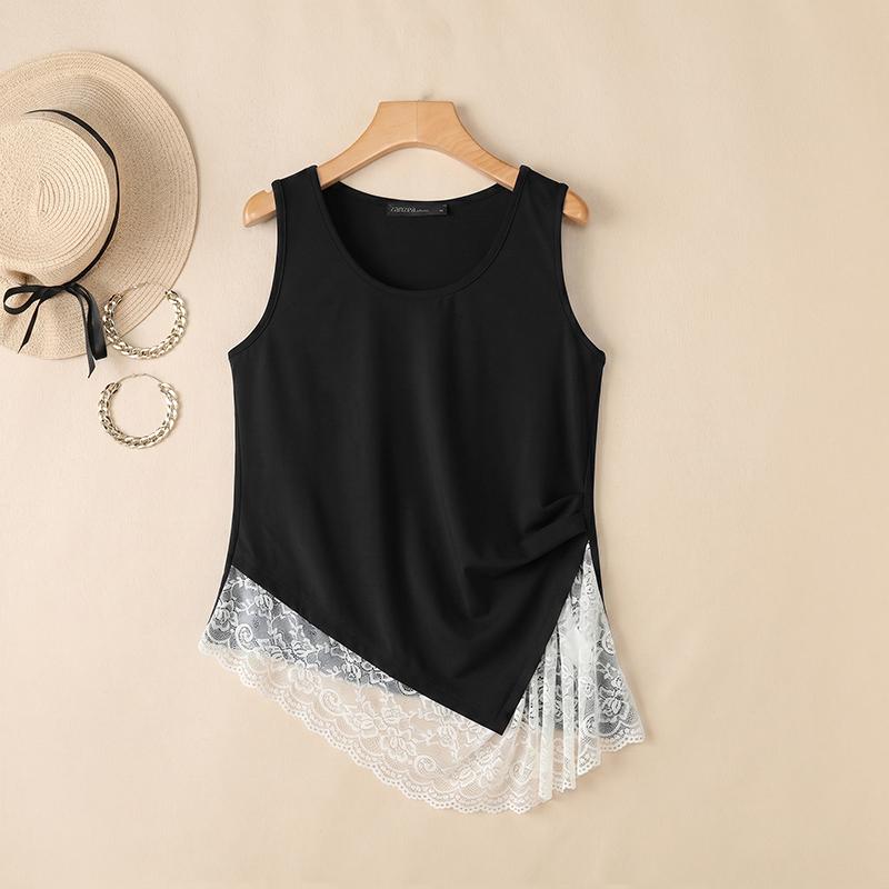 ZANZEA Women Casual Round Neck Lace Splice Summer Sleeveless Vest Tops