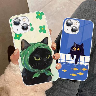 A Cute Comic Cat Tempered Glass For Iphone 14 13 12 11 Pro Mini XS MAX 14Plus X XS XR Cover