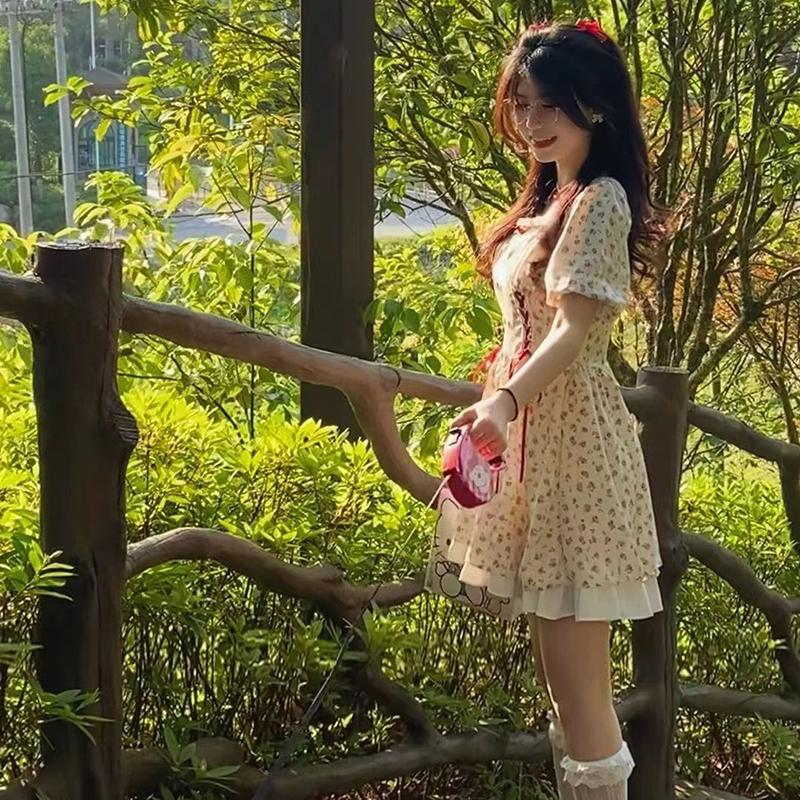 Floral Mini Dress Women Puff Sleeve Flare Shirring Design French Style Elegant Birthday Dresses