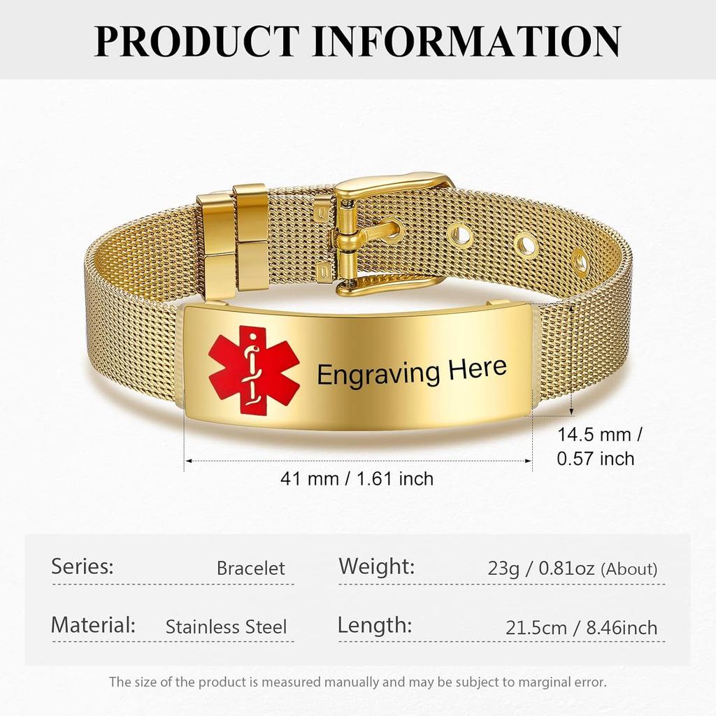 Nameinhea Custom Medical Alert Bracelets for Women Free Engraved Adjustable Stainless Steel Waterproof Emergency Medical ID Bracelets Allergy