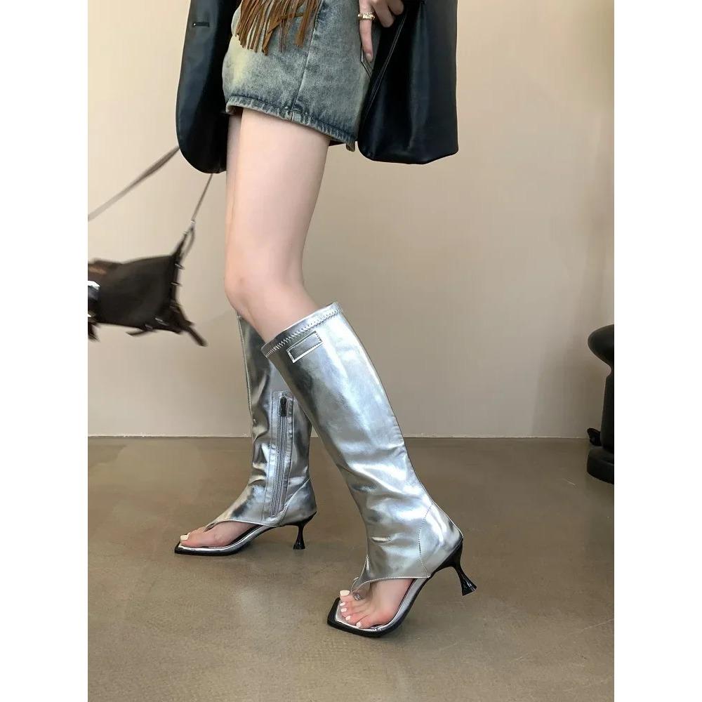 Eilyken Spring Square Clip Toe Knee High Boots Women Thin Low Heels Side Zipper Booties Sandals Shoes Zapatos De Mujer