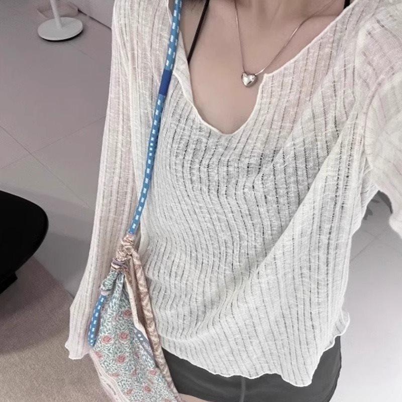 

Women s V-Neck Mesh Long-Sleeve Blouse - Spring/Summer Ice Silk Sun Protection Top