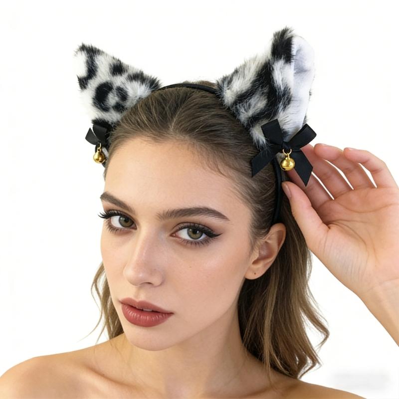 Soft Furry Leopard Print Cats Ear Headband With Attached Bells For Cosplay Halloween And Dance Parties