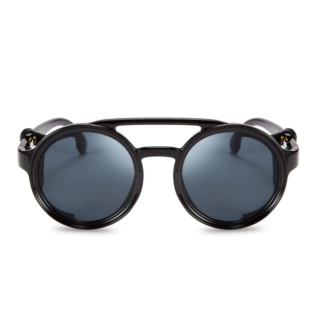 Retro Round Sunglasses for Men Steampunk Vintage Eyewear Light Women Sunglasses Plastic Frame Leather Wear B2532 [FEISEDY]