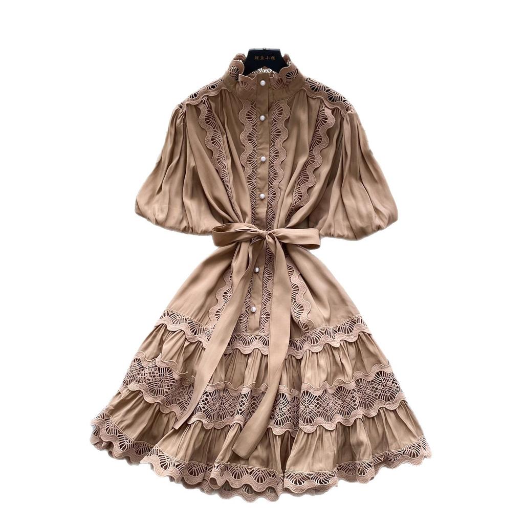 French retro court fashionable lace splicing strap waist dress women's lantern sleeves show thin temperament A-shaped skirt