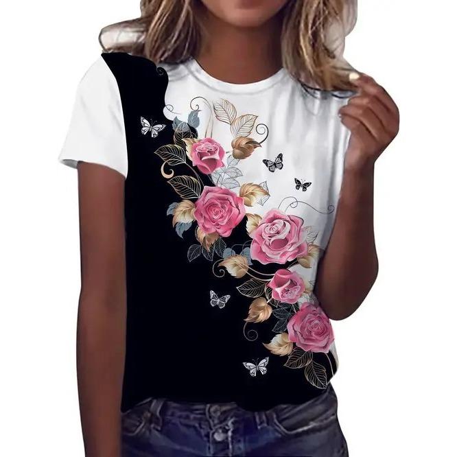 Summer Elegant Temperament Retro 3D Flower Pattern Printed Round Neck Short Sleeved Women's T-shirts