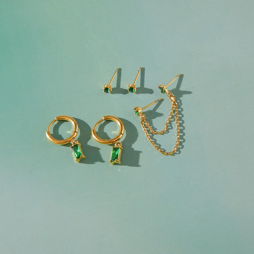 Youthway 3 Pairs/Set Elegant Green Zircon Earrings For Women Minimalist 18K Gold Plated Stainless Steel Earrings Fashion Jewelry