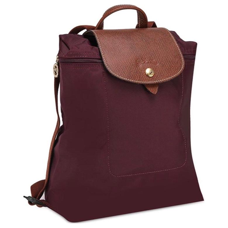 Longchamp Le Pliage Solid Color Zipper Closure Embossed Logo Snap Fastener Nylon Blend Recycled Canvas Backpack Medium Women Backpack 1699089P87 Burgundy