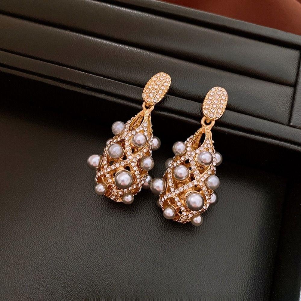 Exaggerate Pearl Crystal Eardrop Vintage Rhinestone Earrings Elegant Metal Hollow Earrings  Party