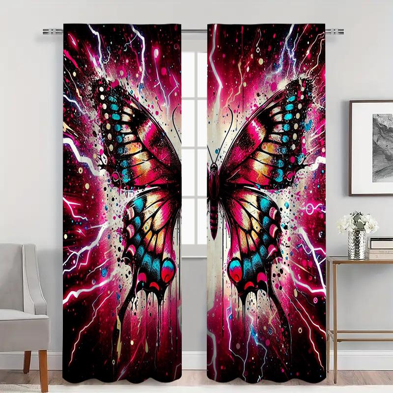 2PC Butterfly Curtain Set, Vivid Color Wings with  Effect On Dark Background, Mystical Drapes for Living Room & Bedroom Decor