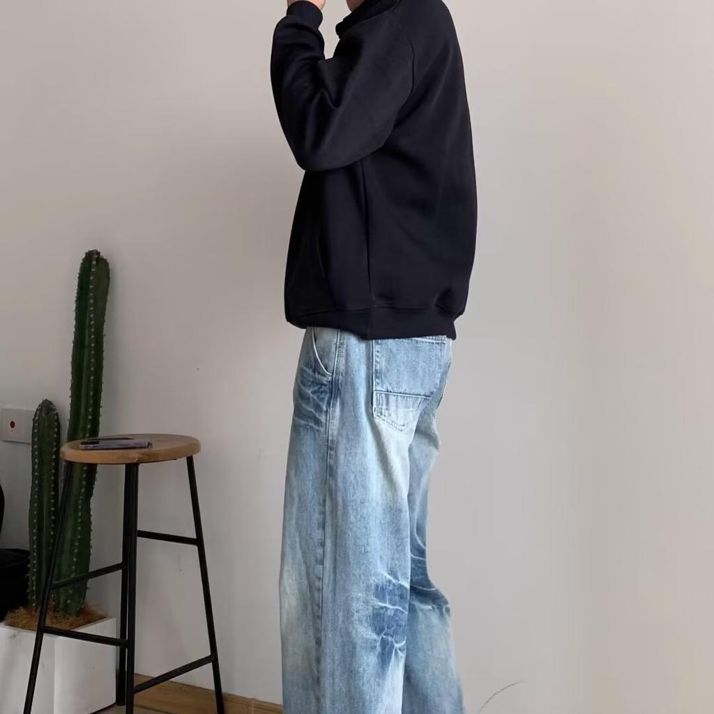 High Street Denim Pants For Men, Retro Distressed, Loose Straight Leg Pants, Wide Leg Sports Pants, Trendy