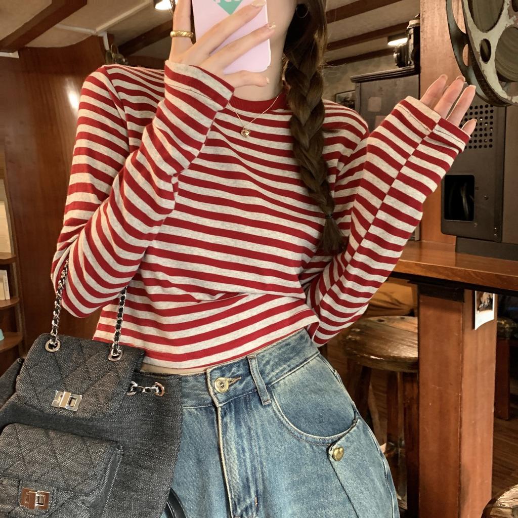Striped Long Sleeved T-shirt for Women's Spring Autumn Female Clothing Short Casual Inner Layer Bottom Shirt Tops