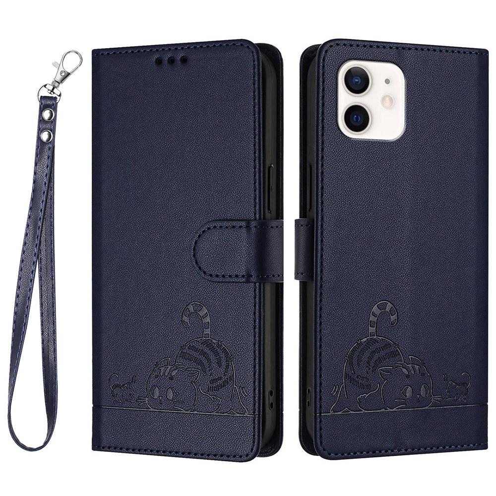 For iPhone 12/12 Pro Case with Strap RFID Blocking Leather Wallet Phone Cover Cat Mouse Pattern