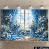 2D Flat Blue & White Flower Backdrop, Elegant Window View Photo Background Cloth