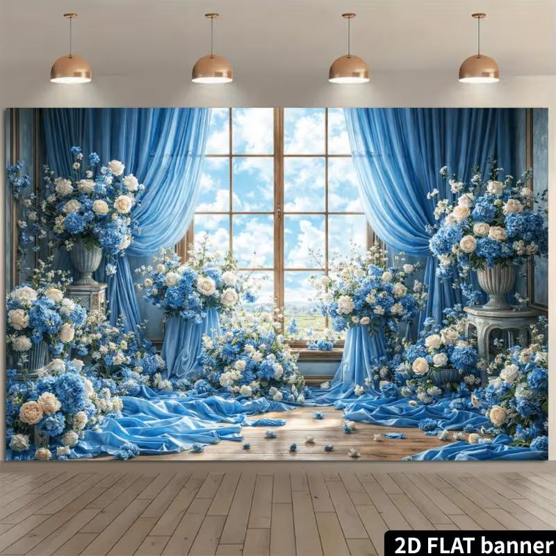 2D Flat Blue & White Flower Backdrop, Elegant Window View Photo Background Cloth