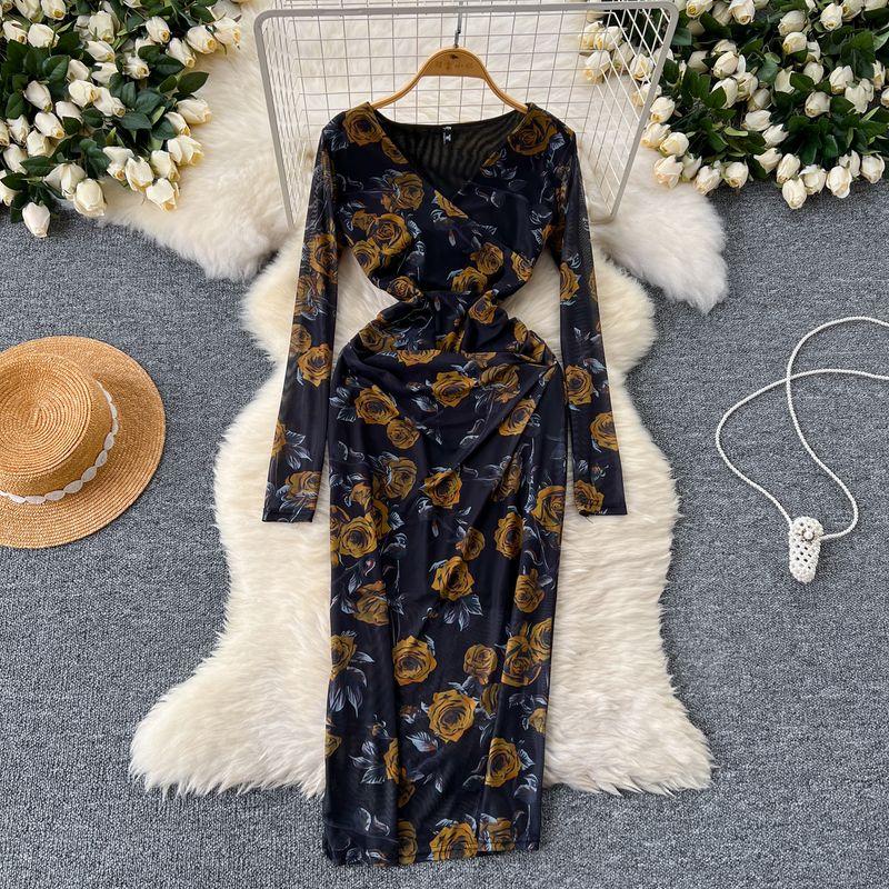 Adult Lady like Woman Fancy Women's Clothing Dress Scheming Ruched Silm Slim Looking Temperament Long Sleeve Mesh Floral Print Hip Skirt