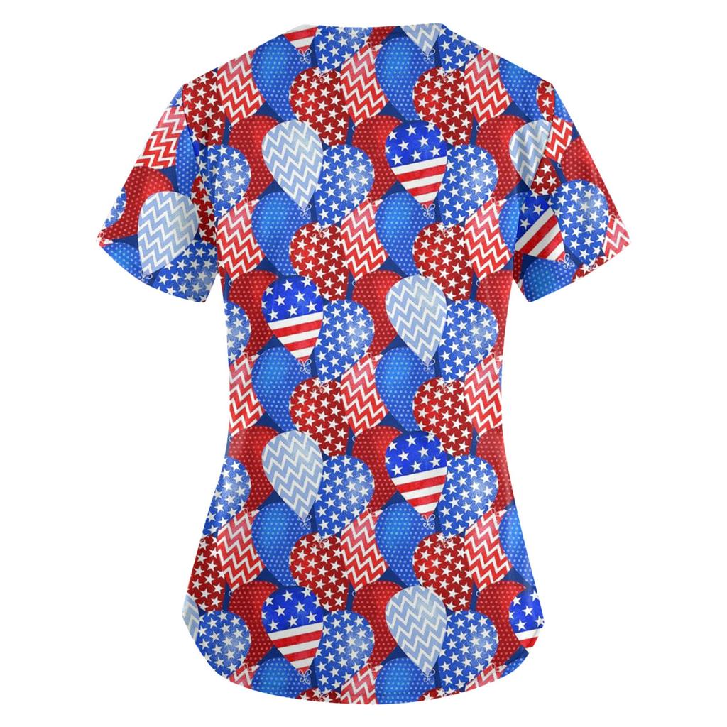 Camisa feminina de bolso de trabalho com estampa do Dia da Independência feminina manga curta com decote em V