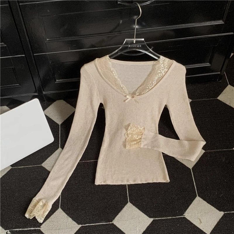 V-neck Splicing Long-sleeved Autumn and Winter Polished Inner Slim-fitting and Thin Versatile Bottoming Top