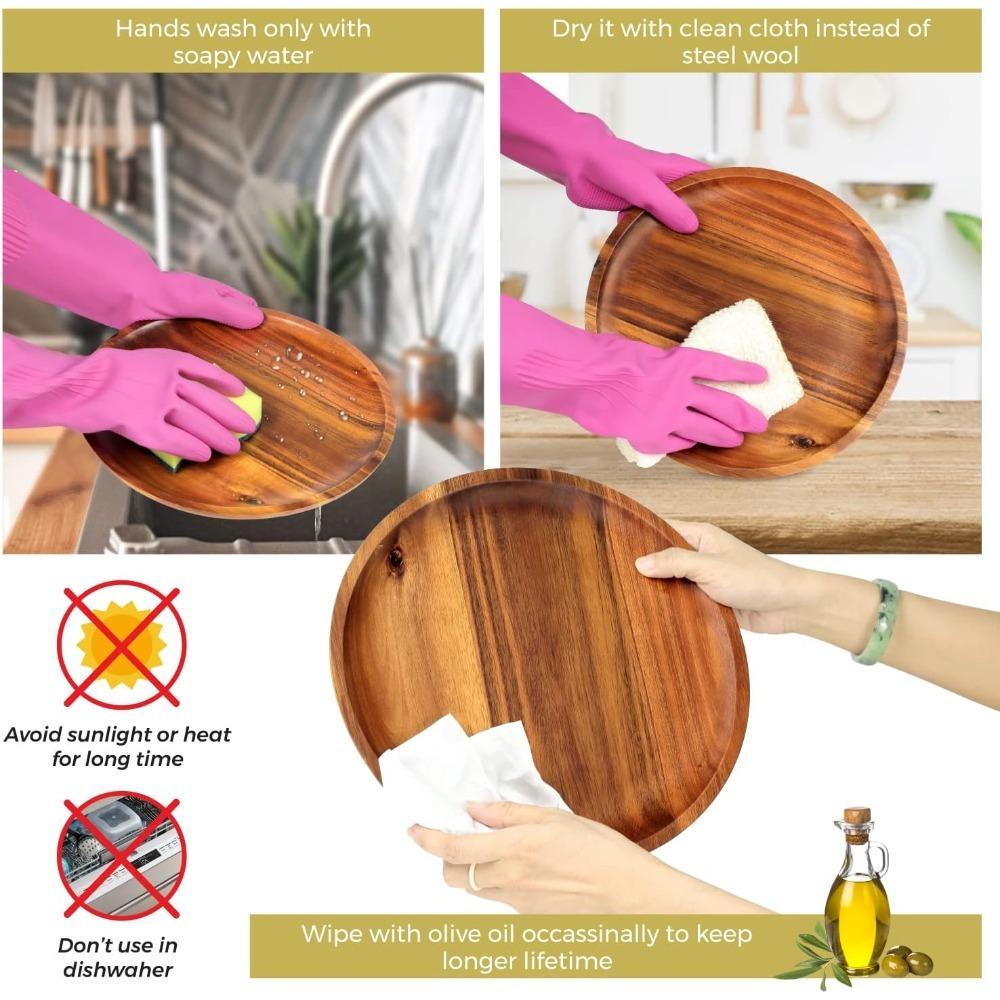 20/25cm Kulatý dřevěný podnos z akáciového dřeva Snadno se čistí, Podnos na pizzu a salát, Podnos na ovoce a dezerty, Podnos na svačinu, Stohovatelný, Opakovaně použitelný