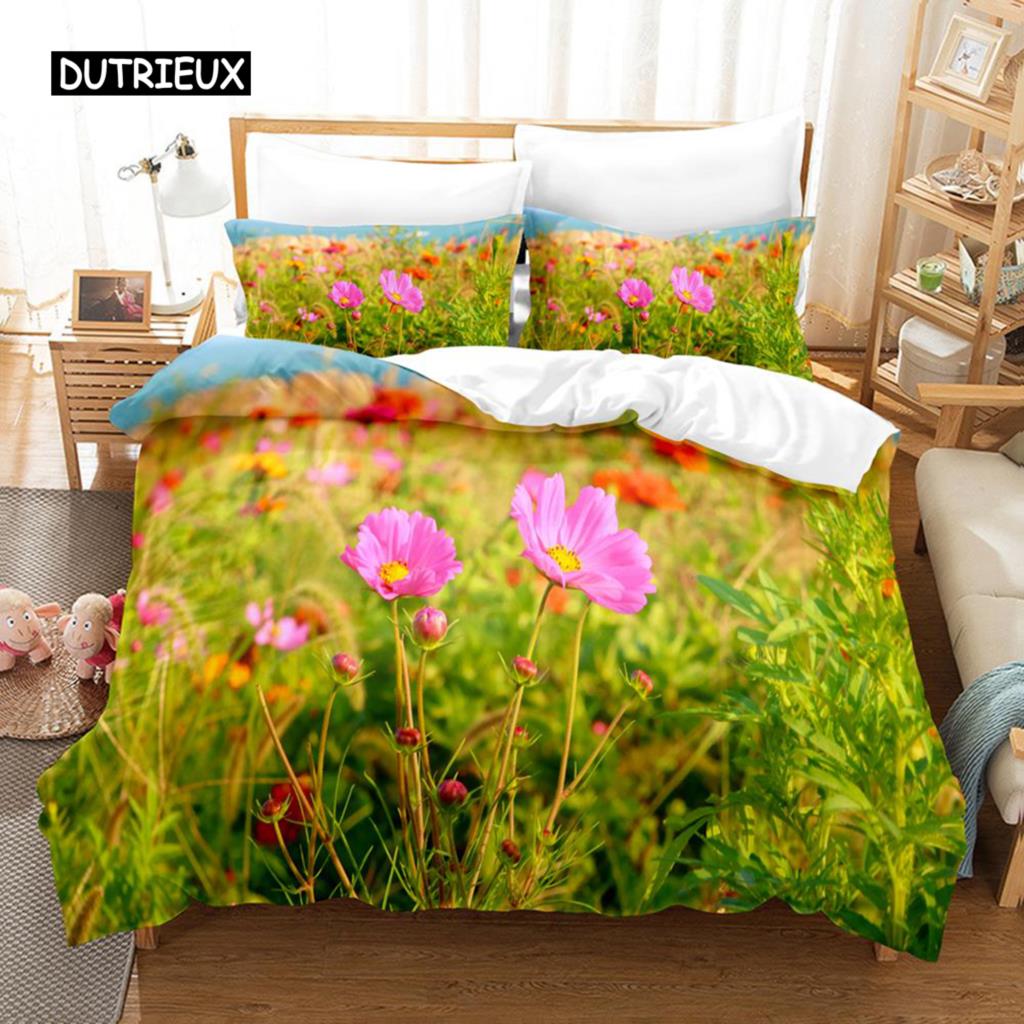 Natural Landscape Duvet Cover Set Blue Sky Lawn Flower Double Queen King Size 2/3Pcs Polyester Quilt Cover for Kids Teens Adults