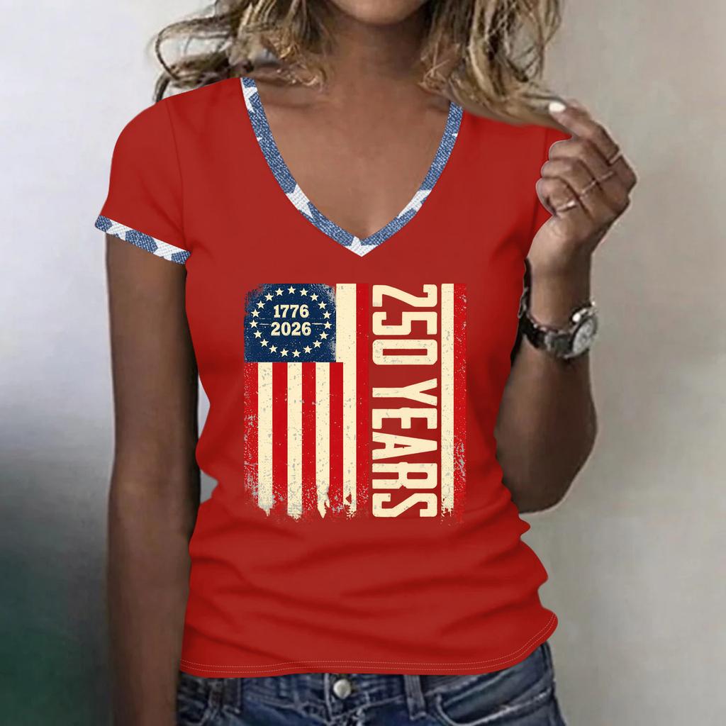 Womens V Neck Short Sleeve T Shirt 250 Years 1776 2026 Graphic Print Casual Loose Fit Top for Everyday Wear