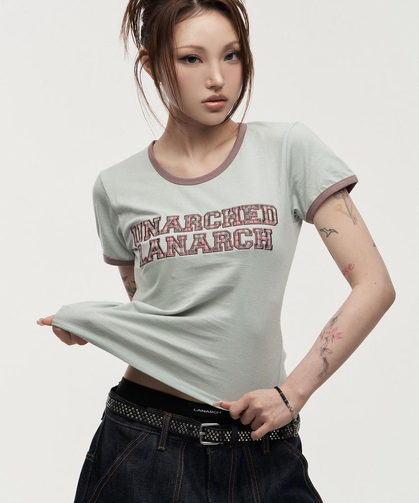 LANARCHIVE [0141] Lettering Applique Women'S Ringer T-Shirt - Dusty Mint