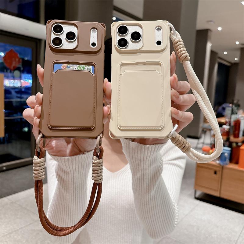 Short Rope Lanyard Phone Case For iPhone 17 Air 16 15 14 Plus 13 12 Mini 11 Pro Max X XR XS Max Card Clip Wallet Soft TPU Cover
