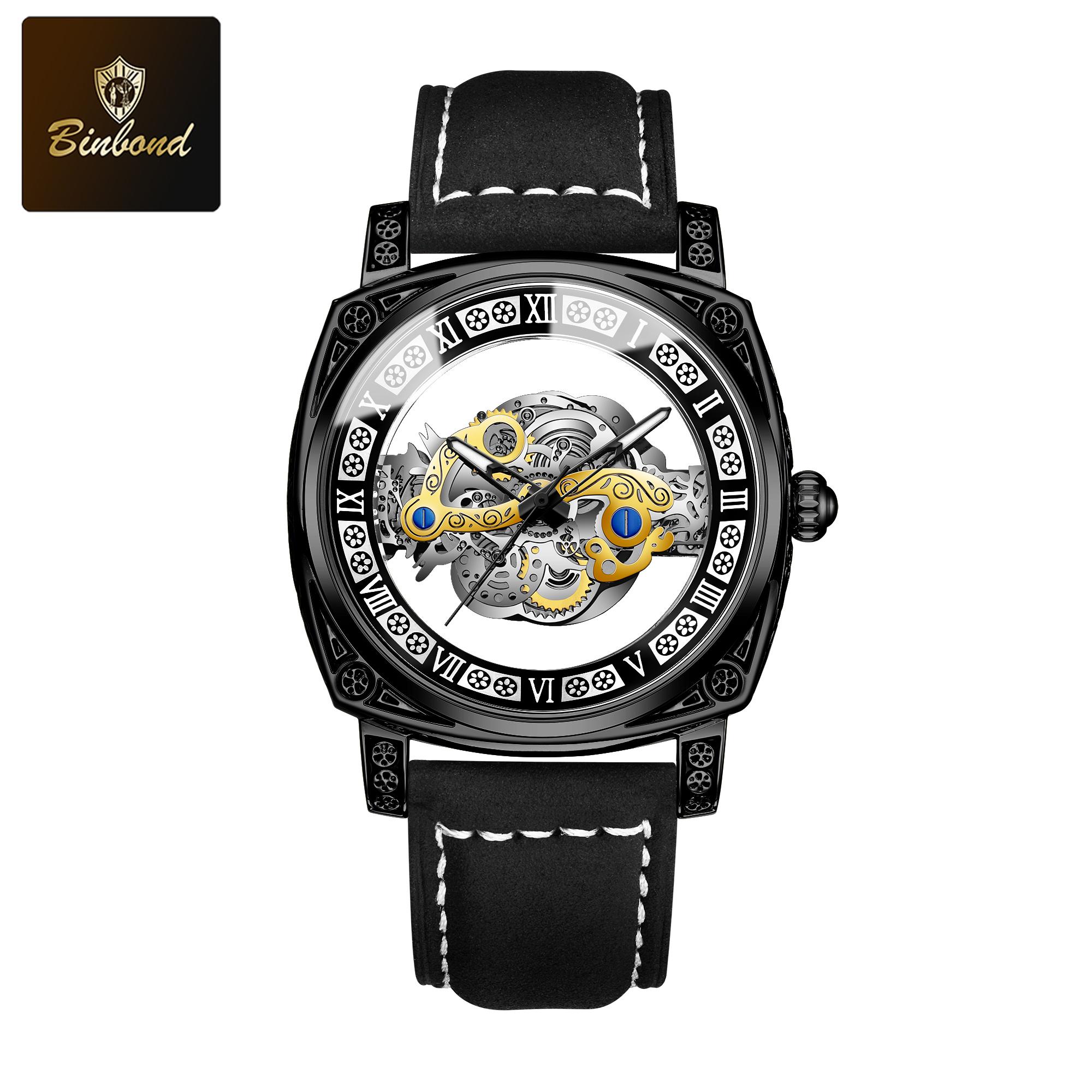 

BINBOND New Men s Watches Skeleton Hollow Skeleton Retro Man Clock Top Brand Luxury Clock Man Wristwatch Quartz чорний